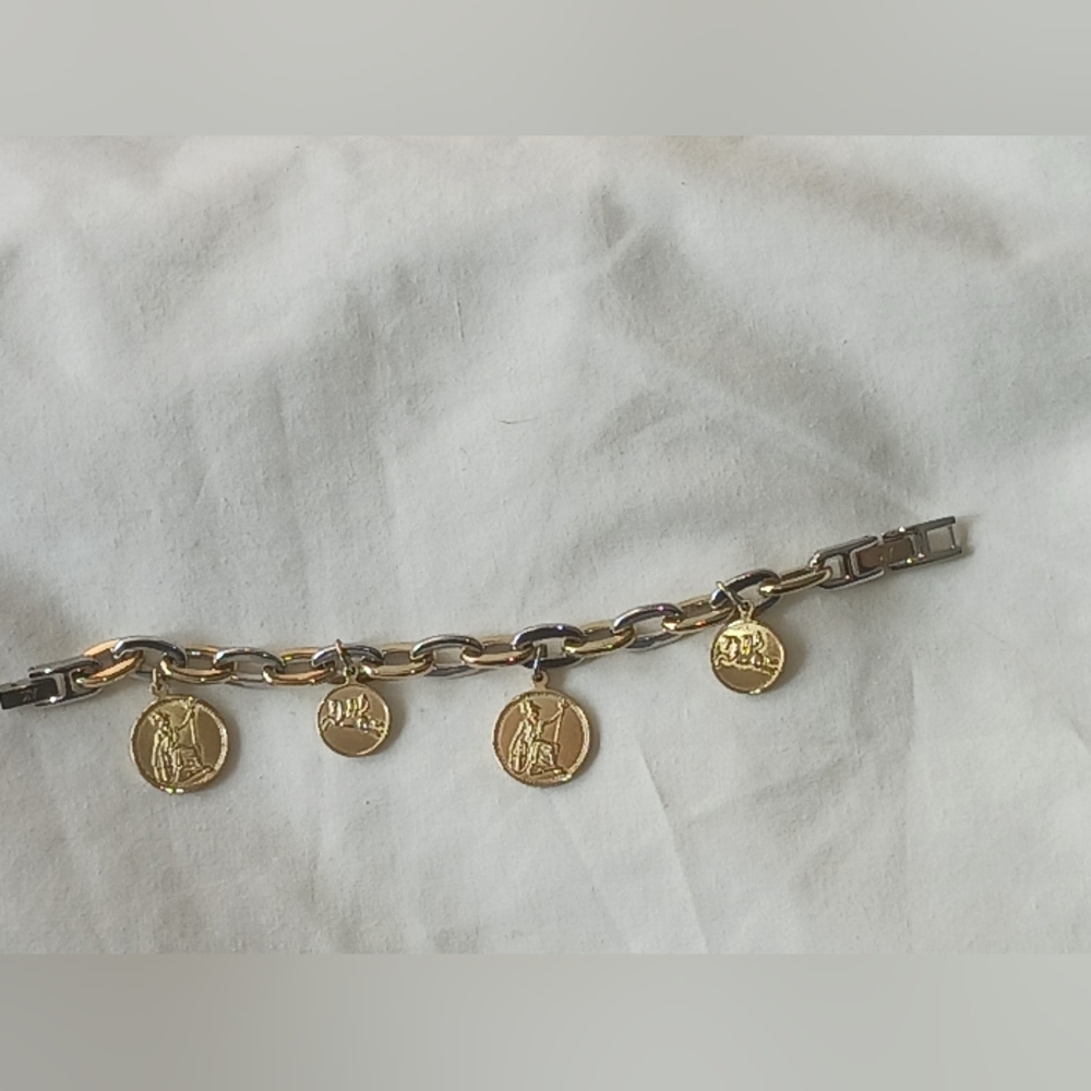 Vintage Anne Klein Heraldic Coin Charm Bracelet Gold & Silver Links 7" or 8"